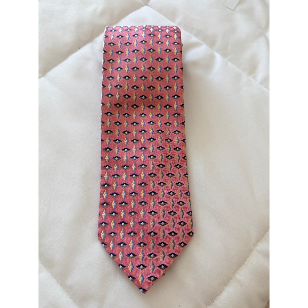 Rooster Mens Silk Necktie Pink Geometric Diamond Pattern Formal Business Tie